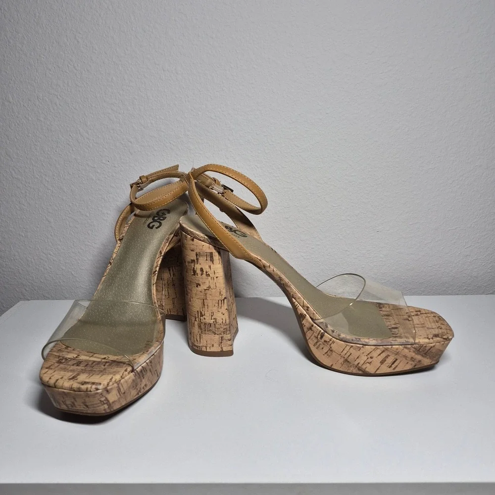 GBG Cork Platforms Acrylic Logo Ankle Strap 70s Vibes Vintage Aesthetic Bold 10M